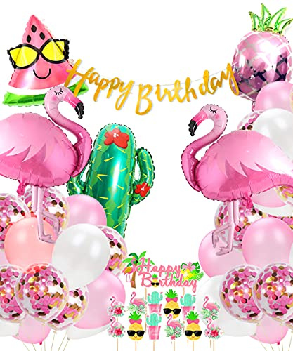 Regendeko Happy Birthday Flamingo Ananas Geburtstagsdeko Set Sommerfest Party Dekoration Hawaii deko Folienballons Geburtstag Urlaub Sommer Deko (Flamingo)