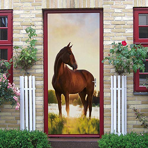 GSKBDQ 3D Tierfotografie Mit Pferden Türaufkleber Türtapete Selbstklebend Wandbilder 95X215Cm PVC Wasserdicht Abnehmbar Türfolie Türposter Fototapete Wohnzimmer Schlafzimmer Haus Dekoration Wandtatto