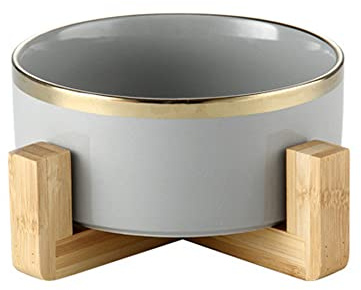 Koomiao Doppelnapf aus Keramik mit Halterung, Futternapf für Katzen, gegen Erbrechen, Hals-Schutz, erhöhte Futterstation für Katzen (15,5 cm/850 ml, grau/gold (Ständer) x 1)