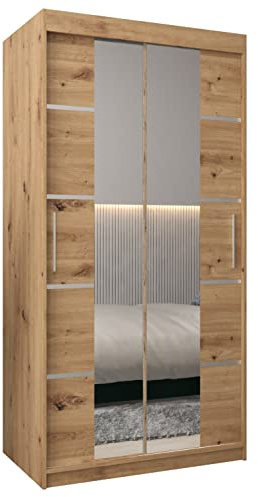 MEBLE KRYSPOL Verona 4 100 Schlafzimmerschrank mit Zwei Schiebetüren, Kleiderschrank mit Spiegel, Schiebetürenschrank Kleiderstange und Regalen – 100x200x62cm - Artisan