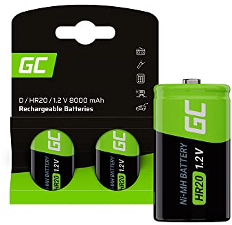 Green Cell Pila Recargables Ni-MH D de 8000 mAh, 1,2 V, precargadas - HR20 R20 D células D, Listas para Usar, Baja autodescarga, batería Recargable, sin Efecto Memoria