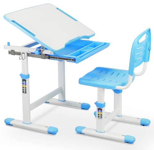 Set de Escritorio y Silla para Niños, Altura Regulable, con Cajón (Azul)