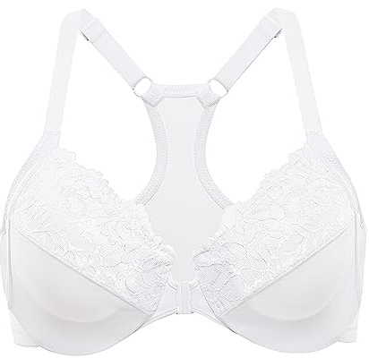 DELIMIRA Damen Vorderverschluss Spitzen BH Racerback Grosse Grössen Ungefüttert BHS mit Bügel Vollschalen Tiefer Ausschnitt Weiss 95D