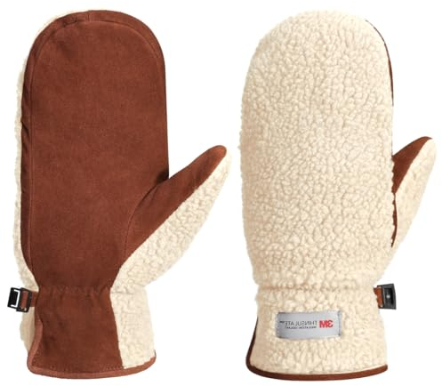 Harssidanzar Damen Winter Lederhandschuhe Outdoor Warm gefüttert Skifahren Fäustlinge SL020EU,Beige/Hellbraun,Größe M