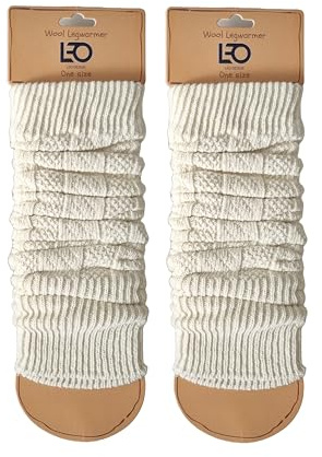 Leo Design 2-Pack Natural Lambs Wool Cable Knit Leg Warmers for Women | Thermal Winter Leg Sleeves | Cosy One Size Fits Most | White (2X Off-White)