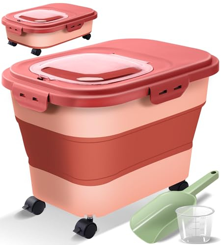 Collapsible Dog Food Storage Container with Lids, Airtight Rice Flour Cereal Sugar Cat Pet Bird Seed Containers Bin Bucket with Rolling Wheel, 20 25 30 Lbs Pound Plastic Sealable Kitchen Pantry Holder