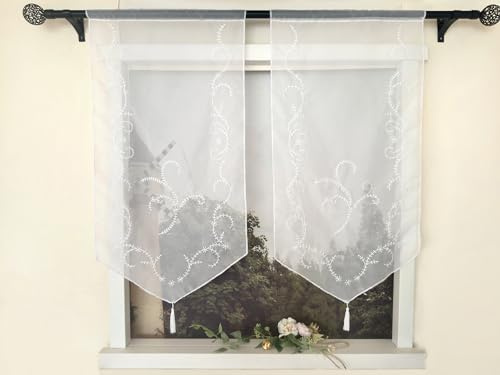 Devola Panneaux Gardinen Landhaus Scheibengardinen mit Stickerei Küchengardine Transparent Bistrogardine mit Quaste Tür Gardine HxB 120x60cm Weiß 1 Stück