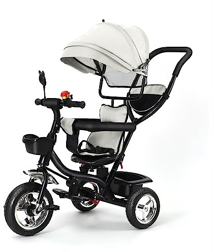Homewell Dreirad mit Schubstange, Laufrad ab 1 Jahre, Kinderdreirad Kombiniert Trolley und Ride Funktionen, mit Faltbar, Abnehmbar Sonnendach und Pedal für Kinder unterschiedlichen (01, Grau)
