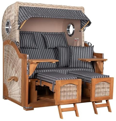 MR. DEKO® Strandkorb Düne Grande XL 2,5-Sitzer Teak | PE Geflecht Shell - Dessin 500 | Volllieger Strandstuhl mit Bullauge inkl. 2 Fußablagen | je 2 Kissen und Nackenkissen | Strandkörbe aus Teakholz