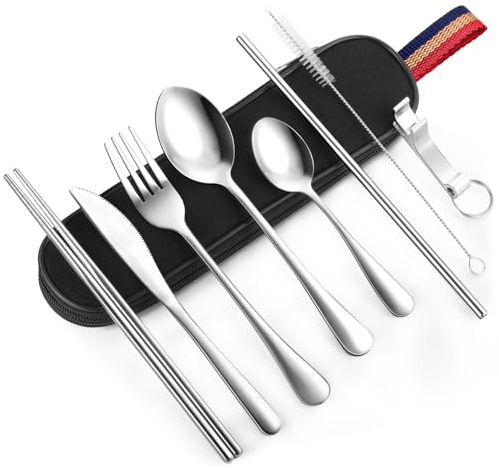 OUTXE 9-Piece Camping Cutlery Set, Portable Stainless Steel Travel Cutlery for On the Go, Reusable Cutlery besteck with Elastic Band for Camping, hiking (Silver)