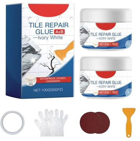 Kit de réparation de carrelage 100 g - Étanche - Colle de réparation pour carrelage - Pour réparer les rayures, les trous et les fissures - Pour lavabos et baignoires (blanc ivoire, 1 lot)