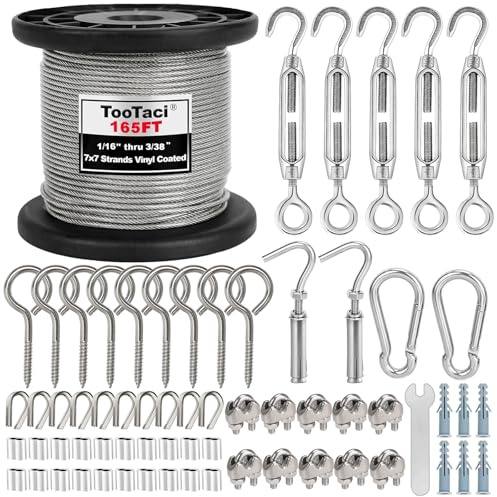 TooTaci 2mm Wire Rope Kit, 50M Garden Wire PVC Coated with M4 Turnbuckle Wire Tensioner Kit, 304 Stainless Steel Cable & Vine Eyes for for Climbing Plant,for Strings Lights Hanging Kit,Curtain DIY