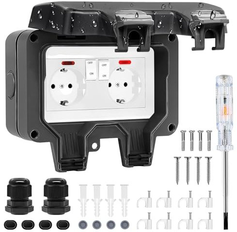 Außensteckdose Steckdose IP66 Wasserdicht Steckdose mit Schalter Kontrollleuchte, Wandsteckdose Feuchtraum Aufputz Schutzkontakt Gartensteckdose Staubdicht Wetterfest Outdoor Steckdose mit Klappdeckel