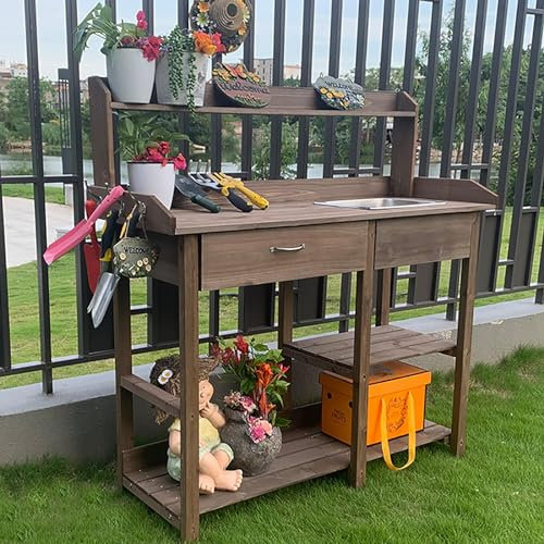 LKYLGYU Garden Potting Bench Table, Wooden Workstation Table with Removable Stainless Steel Sink, Open Shelves, All-Weather Garden Table Work Station with Storage Drawers and Side Hooks(Color:Wood)