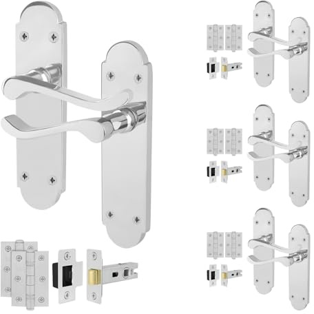 EAI Polished Chrome Door Handles with Latch 64mm and Hinges, 4 Pack | Complete Latch Kit with 4 Pairs of Victorian Scroll Lever on Backplate Door Handles, 64mm Latches, Hinges, Fixings Included