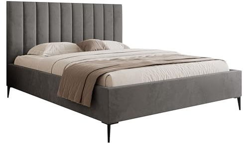 DomiMeble DomoHome Schlafzimmer Bett, Polsterbett Mona Slim III in VELUTTO Stoff – Komfortables Doppelbett mit Stilvollem, Samtigem Finish und Ergonomischer Rückenstütze 200x200 cm, Dunkelgrau