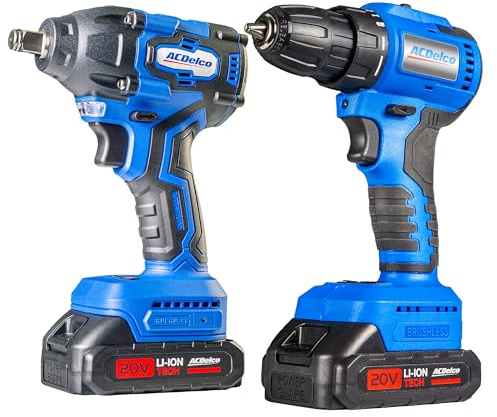 ACDelco Brushless Combo Kit, 251 Ft-lbs (350Nm) Impact Wrench & 400 In-lbs Drill, 1/2 & 3/8 Chuck, (2) 2.0Ah Batteries & Charger, 2600 RPM, 20V 2-Tool Power Kit, ARI20132-K1