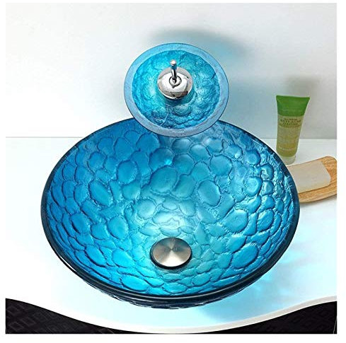 SaryEdge Meuble-lavabo avec Vasque, Vasque de Salle de Bain, Vasque à Poser, Vasque à Motif de Bulles Bleues avec Robinet, Vasque de Salle de Bain Artistique en Verre trempé au-de(