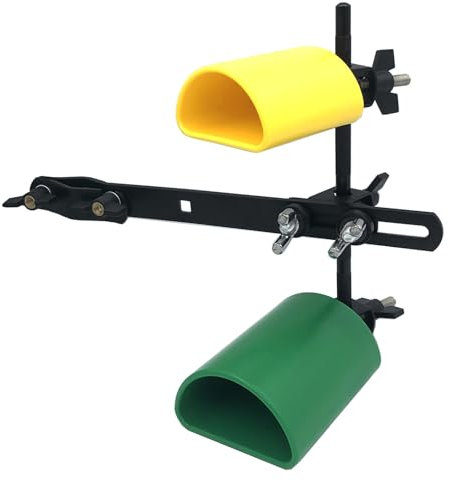 TUOREN Percussion Kuhglocke mit Montagehalterungs-Set beinhaltet 8,4 cm gelber Sambago-Block, 10,9 cm große, grüne Kuhglocke aus Kunststoff, Halterung für alle Percussion-Halterung und 0,95 cm gerader