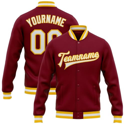 Generisch Herren Personalisierte Baseballjacke Baseball Jacke Oversize Bomberjacken College Jacke Langarm Baseballjacken Teenager Individuelle Namen Nummer Teamnamen (6-Saffron)