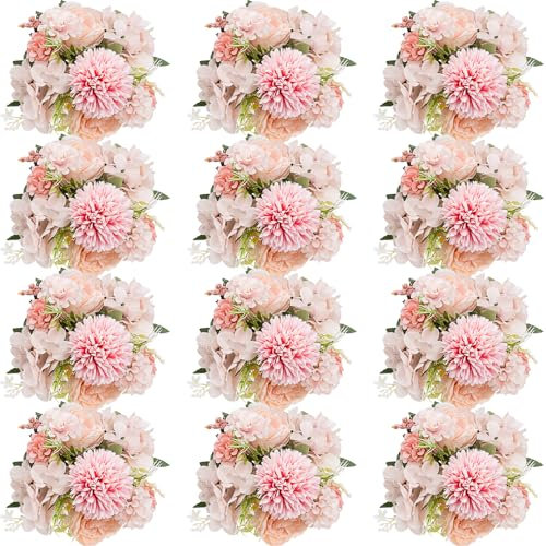 OJMHD 12 Bundles Pink Artificial Peony Flowers, Fake Rose Silk Bouquet Bulk, Faux Hydrangea Flowers for Wedding DIY Table Centerpiece Floral Vase Home Bridal Decor