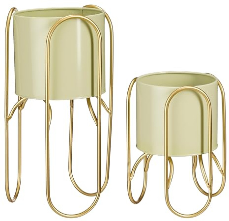 MICA Decorations Donau Cache-Pot sur Pied - Lot de 2 - Métal - H45 x Ø23 cm - Vert Clair, Doré