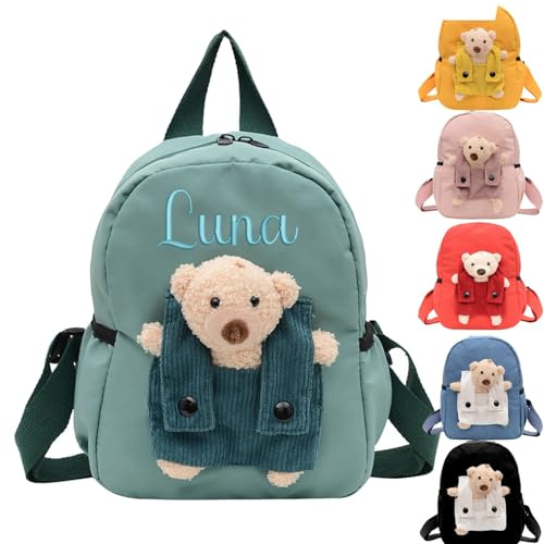 MEIEG Personalisierter Kindergarten-Kinderrucksack Mit Namen, Benutzerdefinierter Bestickter Namensrucksack For Kleinkinder, Schulranzen, Bärenrucksack, Erster Schultag(Green)
