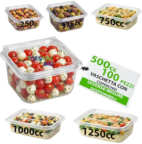 GM – 100 Vaschette Quadrate Trasparenti 500 cc in PET con Coperchio Attaccato, Contenitori Ermetici Idonei al Contatto Alimentare per Gastronomia, Banco Frigo e Pranzo Ufficio – 10,2×11,2×5,2h cm