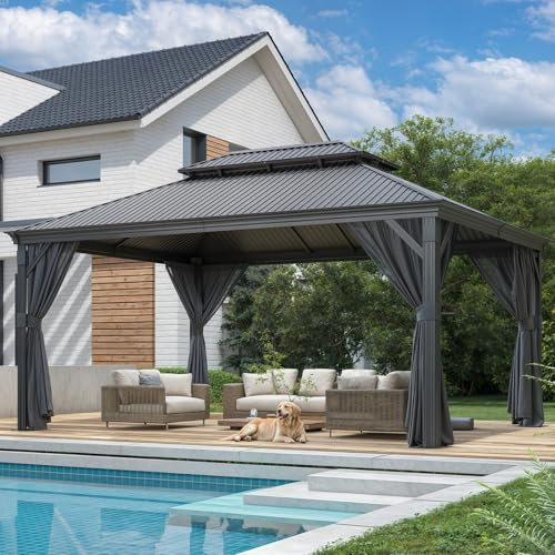 Devoko Pavillon 3,65 x 4,85 m Wasserdicht Stabil Winterfest,Hardtop Pavillion mit Doppeldach,Gartenpavillon mit Vorhängen und Moskitonetzen,Pavilion für Hinterhöfe, Gärten und Rasenflächen, Grau