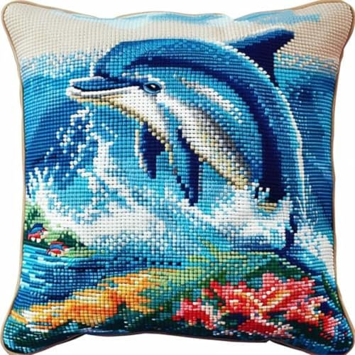 RKFLGEW DIY Knüpfkissen Mit Vordruck Fantasie Delfin Tier Knüpfset Für Kissen，Diy，Handgefertigtes Wurfkissenbezug，Häkelgarn，Stickerei，Knüpfset Für Kissenbezüge 43x43cm