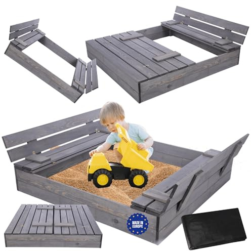 MODO24 Sandkasten mit Deckel und Sitzbänken, Holzsandkasten, Gartenspielzeug für Kinder, Sandkasten für Garten, Outdoor Sandkasten mit Bänken, Abmessungen 120x117 cm, Farbe: Grau (imprägniert)