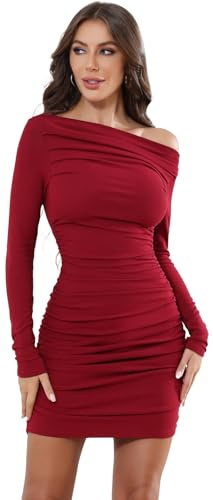 TrendiMax Damen Bodycon Minikleid Gerippt Langarm Freizeitkleid Sexy One Off Shoulder Geraffte Kleider Kurzes Cocktail Party Club Kleid Einfarbig (M, Wine Rot)