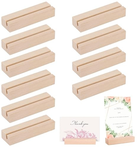 Vylro 10 Pezzi Portacarte in Legno Naturale per Matrimoni e Ristoranti, 10x3x2 cm Supporti Stabili in Legno Come Portafoto, Portacarte Da Tavolo, Portanumeri da Tavolo in Faggio, per Matrimoni, Feste