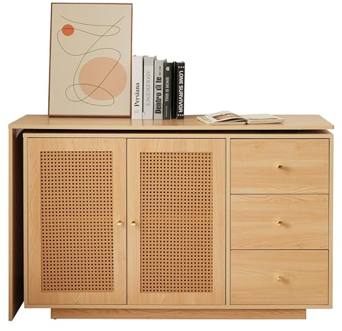 boorbin Escritorio en forma de L de esquina, mesa de ordenador con puertas de ratán, tocador blanco, 126 cm