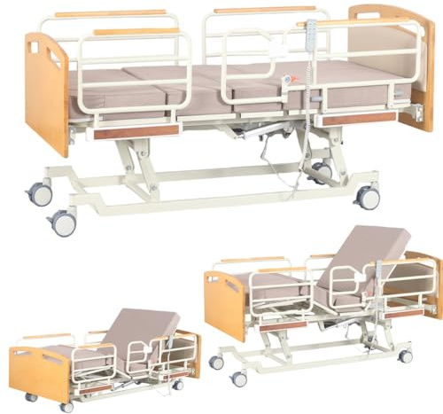 Voll elektrisch höhenverstellbare Krankenhausbetten für 5 Funktionen, medizinische Betten, Höhenbereich (35 cm – 58 cm), mit Geländer, leise Räder, bis zu 206 kg (206 x 101-35-58 cm)