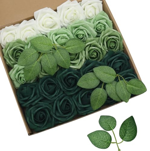 BOVUN 25 PCS Green and White Gradient Artificial Flowers, Realistic Foam Roses with Flexible Stems for DIY Wedding Bouquets, Centrepieces, Cake and Party Decorations
