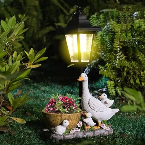 Garden Duck Statues with Solar Lantern Flowerpot Outdoor Decoration, Duck Figurines Yard Art Sculptures for Patio Lawn Backyard Porch Ornaments Unique Mother's day Birthday Gifts for Women Mom (A)