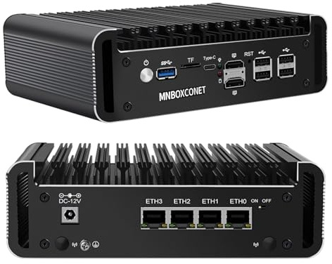 MNBOXCONET Mini PC Firewall Fanless J6413 Micro Application Computer Hardware, 4 x 2.5GBE LAN, Barebone Dual DDR4 RAM PCIE3.0 NVME, 2 SATA3.0, 2 HD1.4, TF, Type-C, Compatiable with OPNsense AES-NI