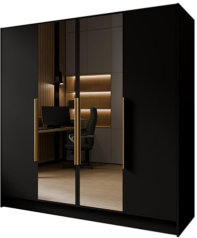 Margaret Hadas24 Drehtürenschrank Goya Kleiderschrank, Spiegel, Griffen, Push-to-Open Tip-ON, großer Stauraum, Regale, Glatte Türen (schwarz, goldene Griffe, mit Spiegel, 200 cm)