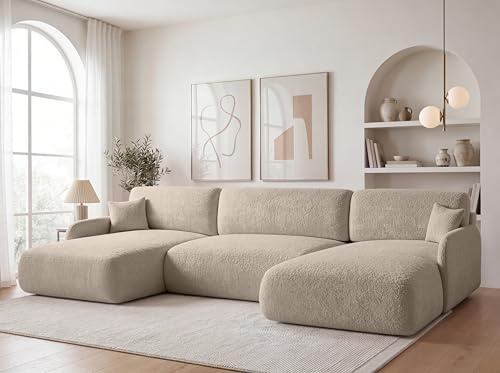 KP-Meble U-Form Wohnlandschaft mit Schlaffunktion 360x175 cm Bouclé Beige – Großes Schlafsofa mit Bettkasten, Moderne Couch mit Stauraum Pierr (Anthology 2)