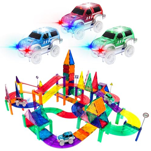PicassoTiles 128pcs Magnetic Race Car Track Building Block Educational Toy Set Tiles Magnet Playset 3 LED Car STEM Learning Construction Kit Fine Motor Skill Training Brain Development for Kids Age3+