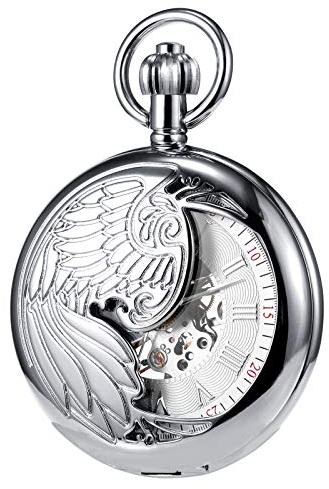 TREEWETO Fickur för män med kedja, retro örn analog steampunk skelettklocka, mekanisk handhiss fickur med romerska siffror för män, silver, Klassisk