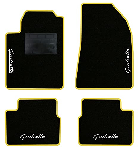 QUEMAR Tappetini Auto per Alfa Romeo Giulietta, Bordo Giallo, 4 Ricami | 2010-2016 / Kit Tappeti Moquette e Gomma su Misura / Set 2 Anteriori + 2 Posteriori / Ricami e Colori Personalizzati