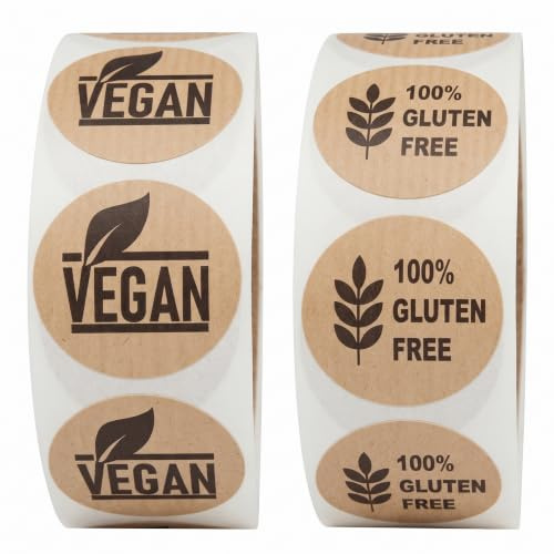 1000 etiketten Kraftpapier, 500 vegan etiketten und 500 Gluten free Etiketten, 22 mm