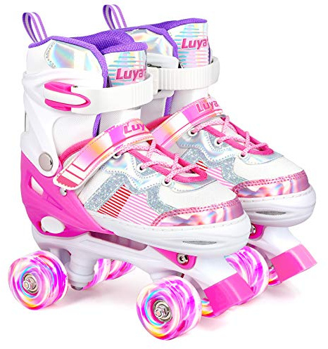 Luyata Roller Skates for Girls Boys Adjustable, 4 Size Ages 6-12 & 3-5, Kids Roller Skates with Light Up 8 Shining Wheels, 3 Color Shining for Toddlers Boys Girls Beginners
