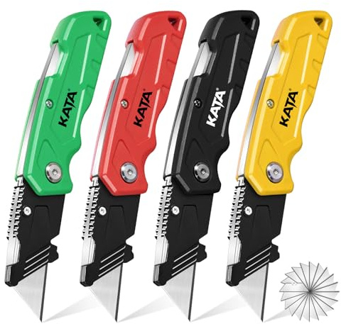 KATA Folding Utility Knife 4-Pack, Heavy Duty Box Cutter with Pocket Clip, Fixed Blade Safety Knife, Quick-Change Razor, Includes 20 Extra SK5 Blades Cutting for Cardboard, Carpet, Rope & DIY