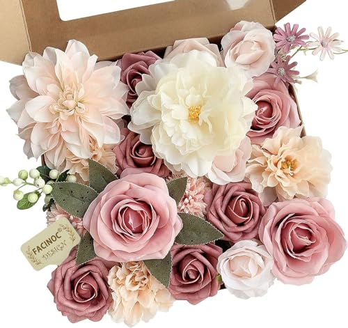 FACINOC Roses Artificial Flowers Pink Bouquets Box Set for DIY Bridal Wedding Shower Decorations Fake Floral Arrangements for Party Table Centerpieces Home Decor Indoor Outdoor Dusty Blush 19pcs