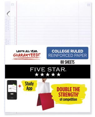 Five Star Loose Leaf Paper + Study App, College Ruled Filler Notebook Paper, Reinforced, Fights Ink Bleed, 8-1/2 x 11, 80 Sheets (170102)