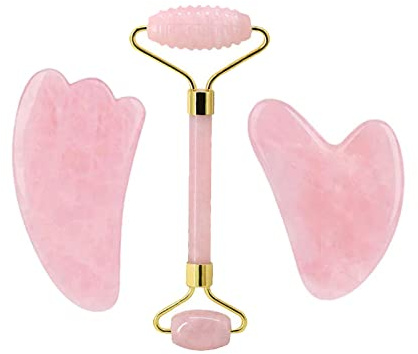 Rosenquarz-Gesichtsroller Und Gua Sha-Set Natürlicher Jade-Gouache-Schaber Gua Sha-Massage-Quarz-Roller Gesichtslifting-Massagewerkzeug,Typ 5