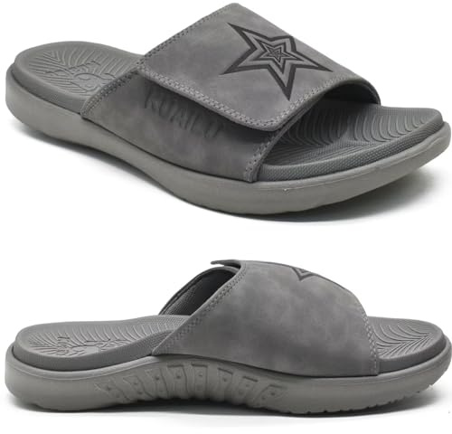 KuaiLu Slide herr sport sandaler herr sport sandaler läder justerbara tofflor fotvalvsstöd sandaler öppen tå strandskor och sommarpool, Grå N, 47 EU
